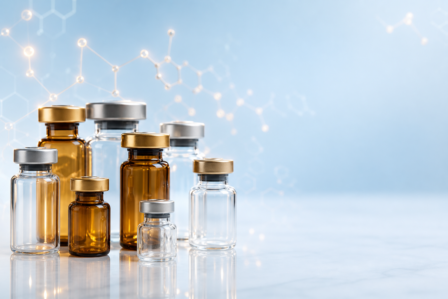 Premium peptide vials with molecular structures